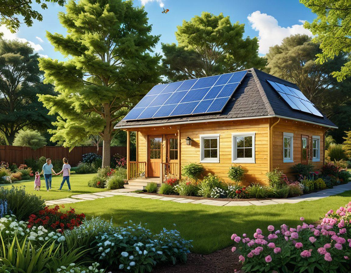 An enchanting outdoor scene showcasing a diverse family engaging in eco-friendly activities, like planting trees, gardening, and recycling, surrounded by vibrant greenery and wildlife. In the backdrop, a sunny sky with fluffy clouds and sustainable structures like solar panels and a tiny house. Emphasize a sense of harmony between nature and sustainable living, with warm and inviting colors. super-realistic. vibrant colors. 3D.