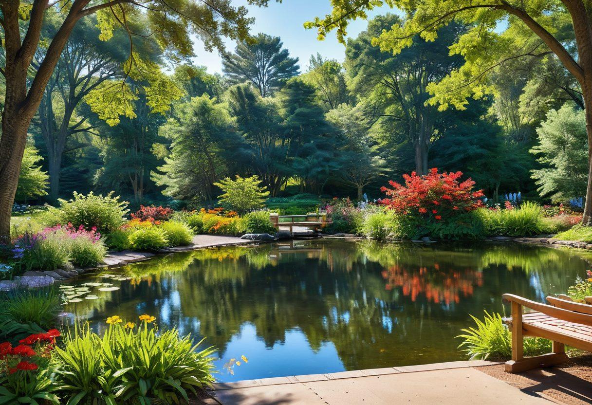 A serene outdoor scene showcasing a diverse habitat filled with vibrant flowers, lush greenery, and tall trees. Include a peaceful pond reflecting the sky, surrounded by benches for relaxation. Birds and butterflies flutter throughout, emphasizing the beauty of nature. Capture sunlight filtering through the leaves, creating a warm, inviting atmosphere. bright colors. super-realistic.