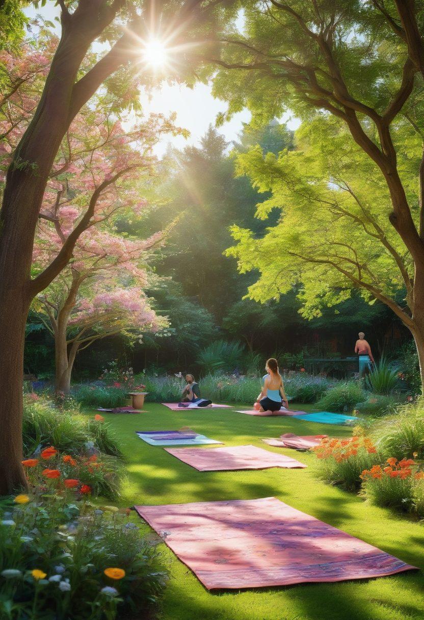A serene park filled with lush greenery, colorful flowers, and people practicing yoga and enjoying picnics, showcasing sustainable practices such as compost bins and organic gardening. The environment radiates happiness with sunlight filtering through leaves, emphasizing wellness and connection with nature. super-realistic. vibrant colors. 3D.